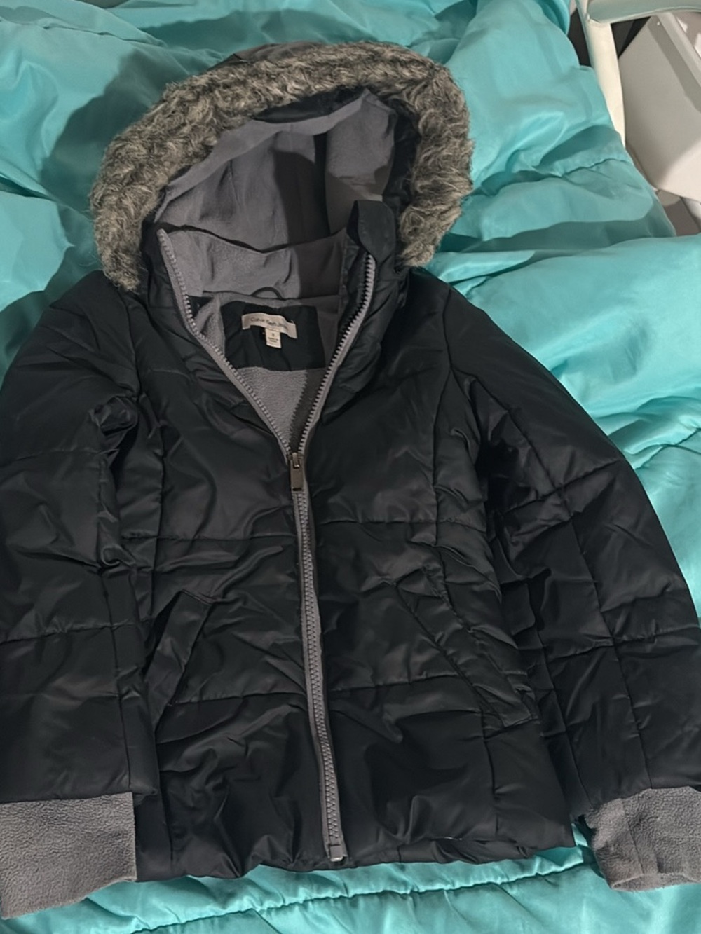 Calvin Klein Black Girls' Hooded Puffer Jacket with Faux Fur Trim